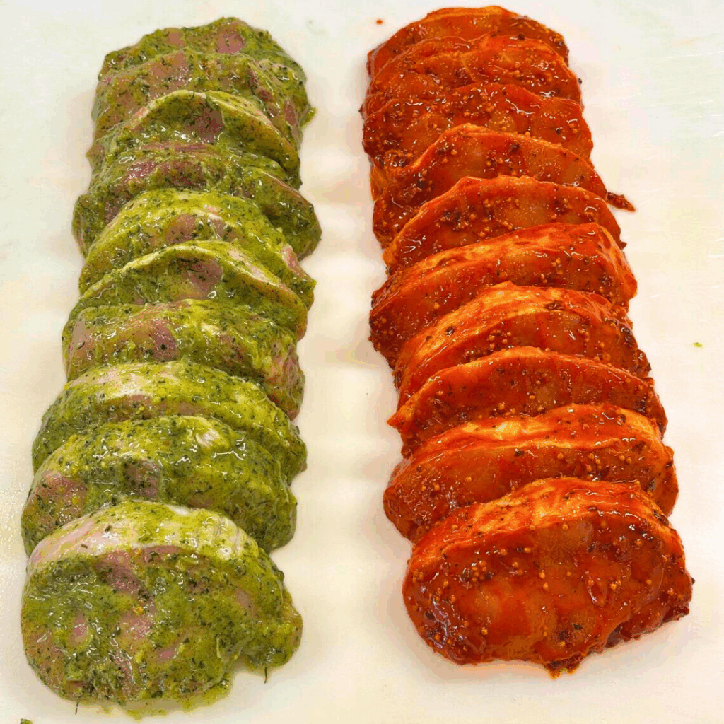 Marinerede Koteletter | 10 stk – 1,2 kg | Rød/Grøn Marinade - Koedkrogen.dk